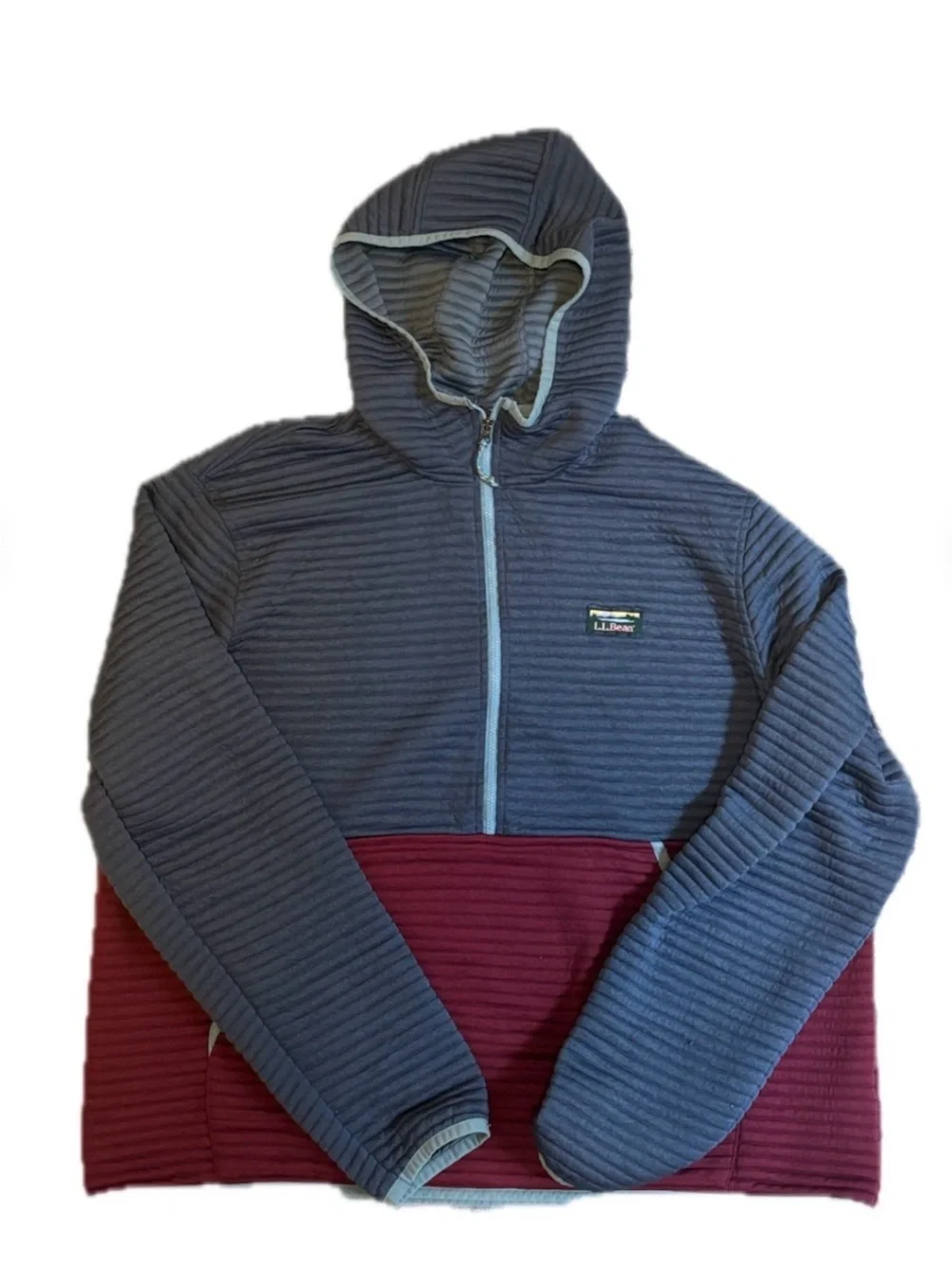 L.L. Bean Size:XL Mens Colorblock Half-Zip Hooded Pullover Slate Blue & Burgundy